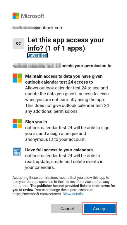 Quá trình xác thực trên trang OAuth của Microsoft Outlook.