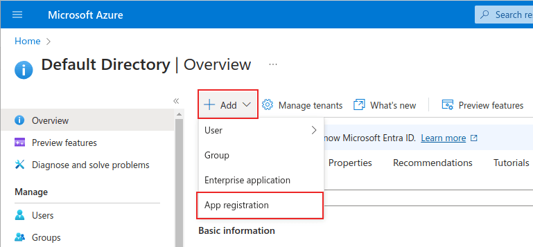 Trang quản lý Microsoft Azure với menu + Thêm và Đăng ký ứng dụng được làm nổi bật.