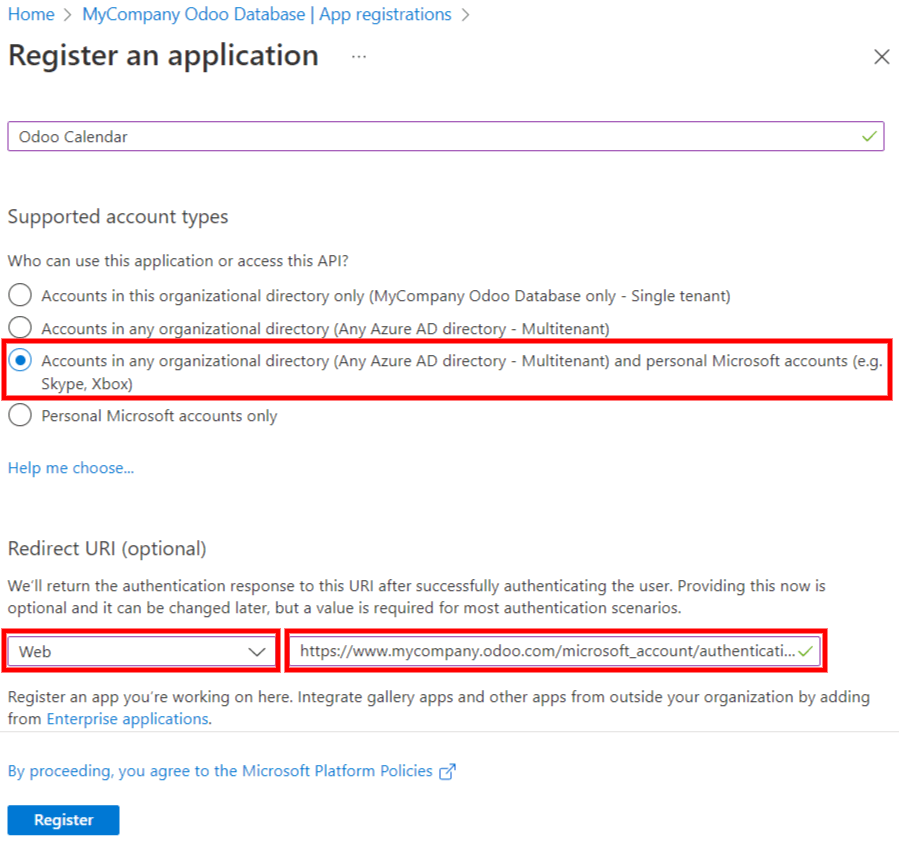 Cài đặt "Loại tài khoản được hỗ trợ" và "URI chuyển hướng" trong cổng thông tin Microsoft Entra ID.