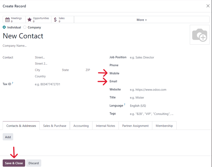 A blank contact form from a launch test pop-up window in LeanSoft Marketing Automation.