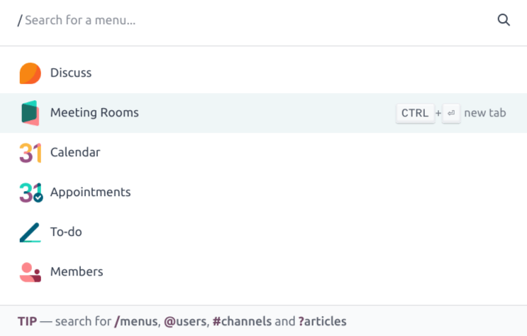 The command palette in LeanSoft, with the menu search option selected.
