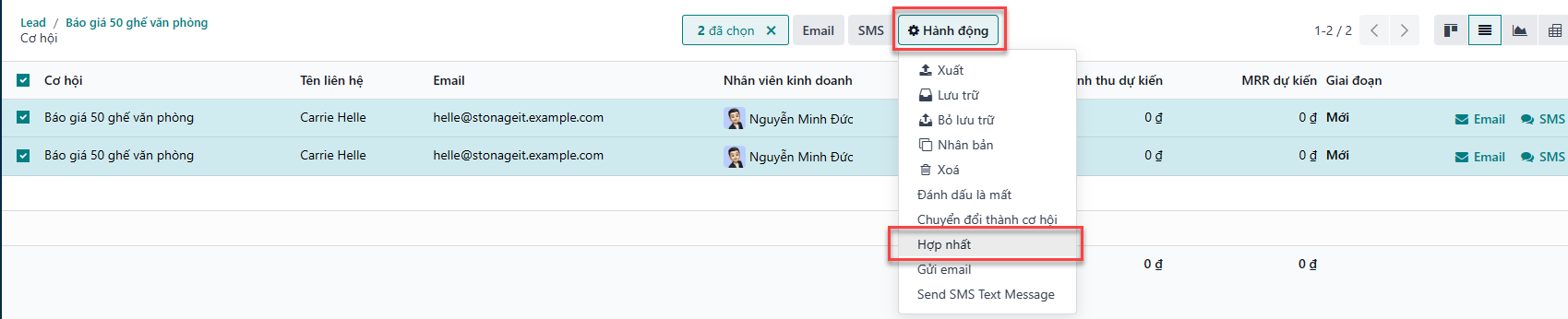 Tùy chọn hợp nhất từ menu hành động trong chế độ xem danh sách.