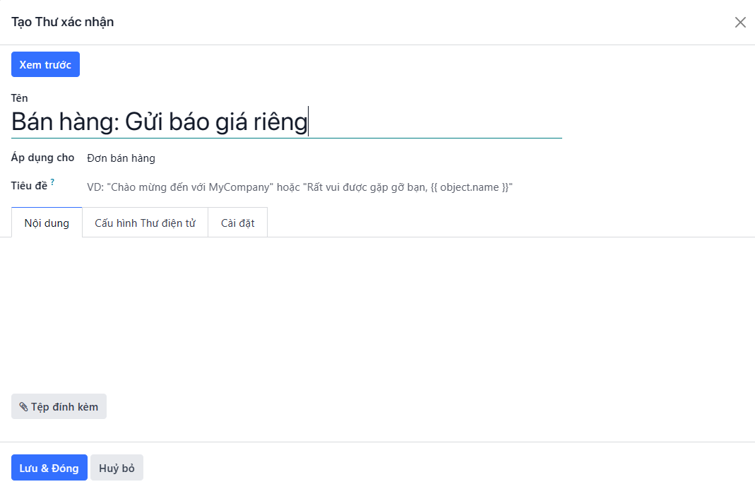 Cửa sổ pop-up tạo mail xác nhận từ biểu mẫu báo giá trên LeanSoft Sales.