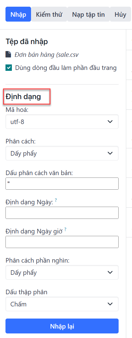 Các tùy chọn định dạng được hiển thị khi một tệp CVS được nhập vào LeanSoft.
