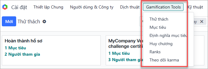 Hình ảnh của menu công cụ gamification trong Cài đặt LeanSoft