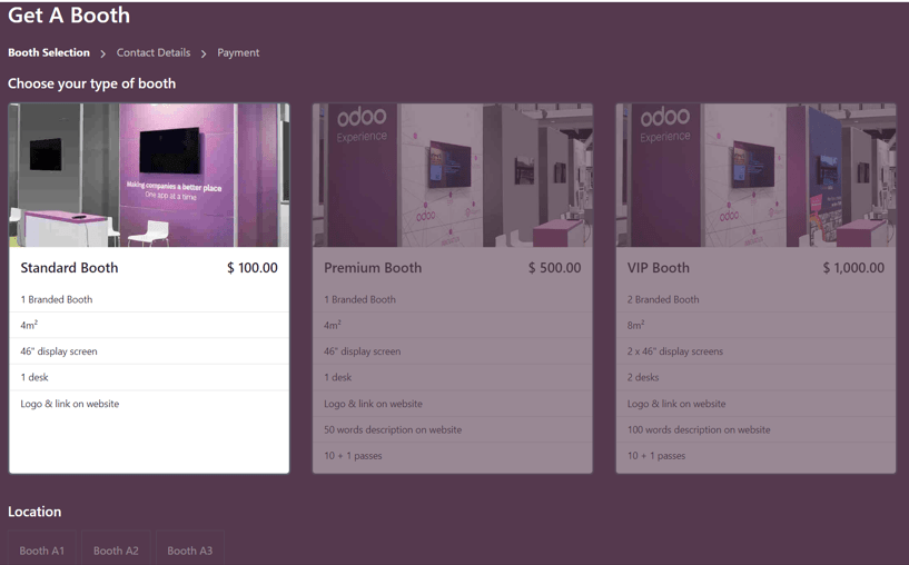 Typical Get A Booth page on the event website via the LeanSoft Events app.