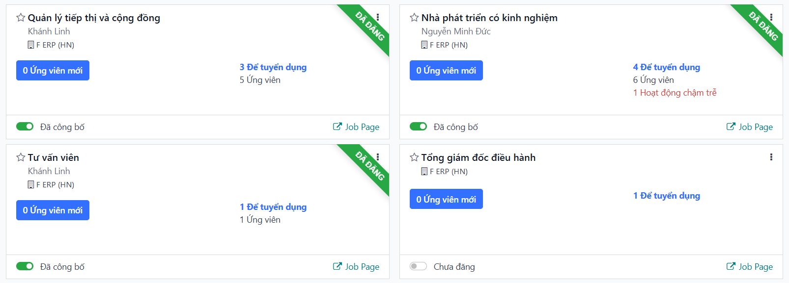 Bảng điều khiển chính của ứng dụng Tuyển dụng hiển thị tất cả các vị trí công việc.