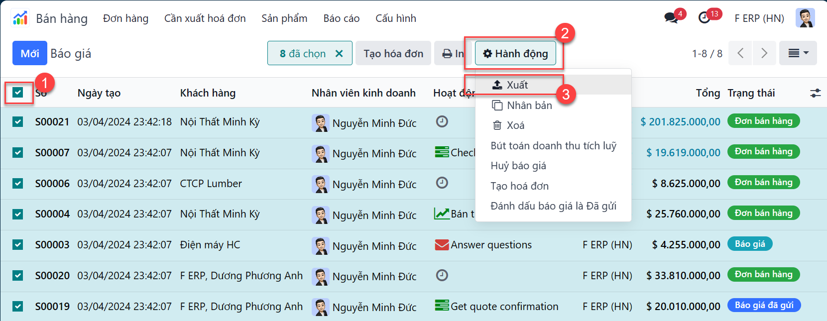 Xem các mục khác nhau để bật/tắt xuất dữ liệu.