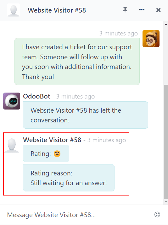 View of a chat window from an operator's window highlighting a rating for LeanSoft Live Chat.
