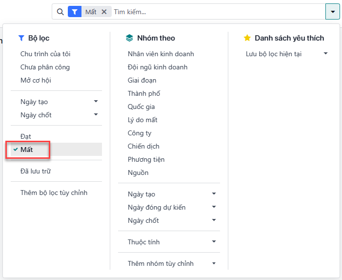 Thanh tìm kiếm với bộ lọc mất được nhấn mạnh.
