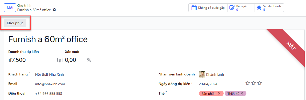 Cơ hội đã mất với sự nhấn mạnh vào nút Khôi phục.