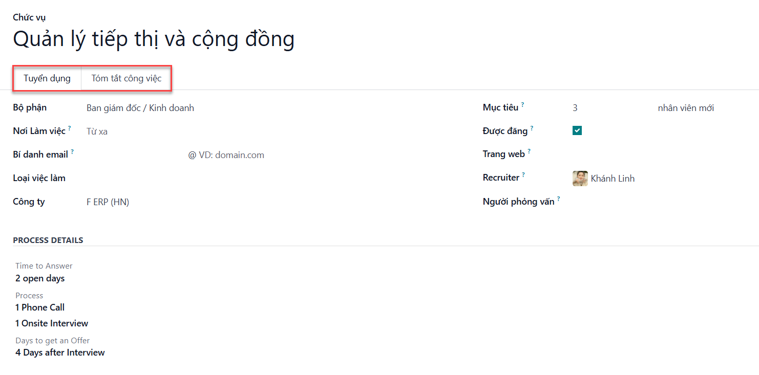 Nhập chi tiết thông tin công việc trong tab tuyển dụng.
