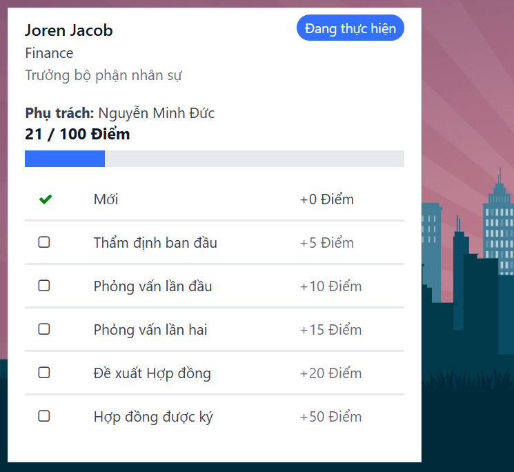 Hai thẻ giới thiệu, một thẻ đã thuê và một thẻ đang tiến hành.