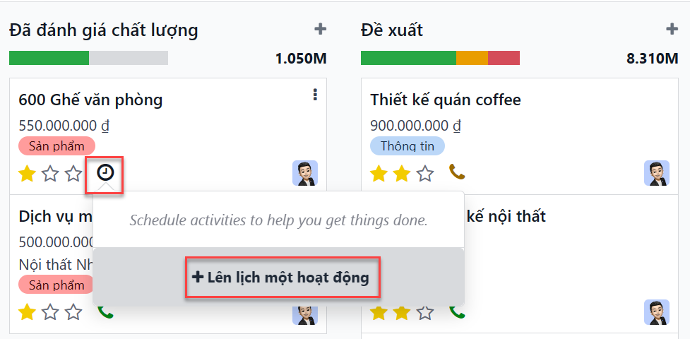 Giao diện kanban của CRM pipeline và tùy chọn lên lịch hoạt động.