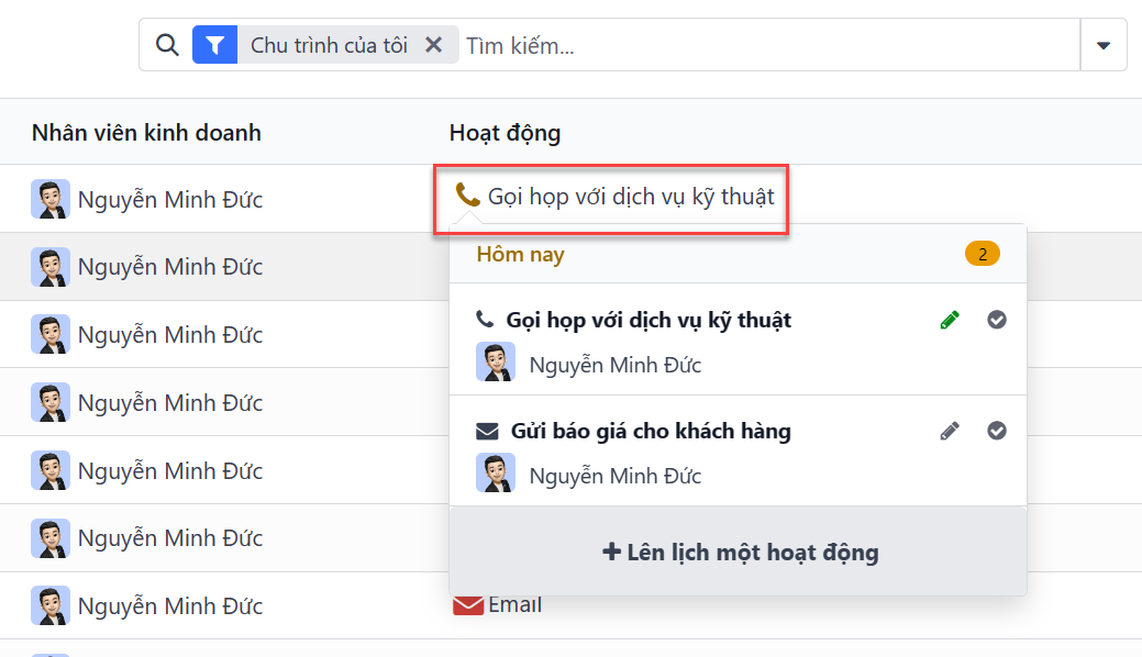 Giao diện danh sách của CRM pipeline và tùy chọn lên lịch hoạt động.