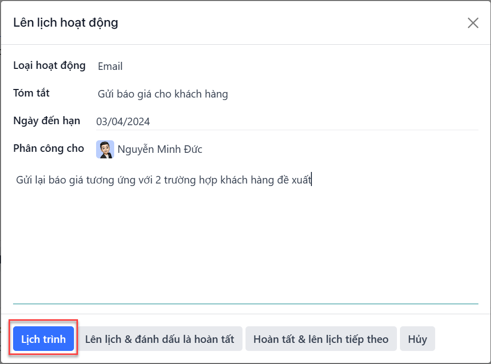 Xem CRM leads và tùy chọn lên lịch hoạt động.