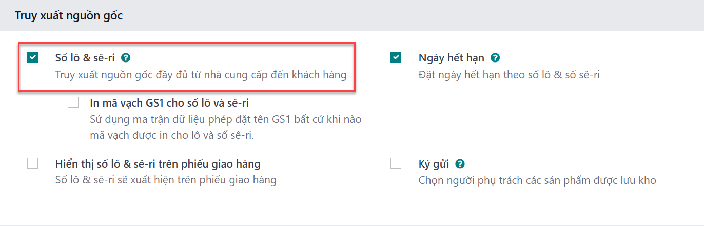 Cài đặt cho phép lô và số seri.