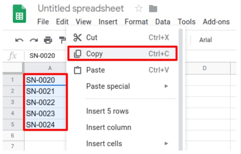Danh sách số seri được sao chép trong bảng tính Excel.