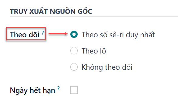 Bật theo dõi số seri trên mẫu sản phẩm.