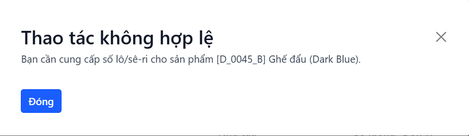 Hộp thoại lỗi người dùng yêu cầu nhập số seri.