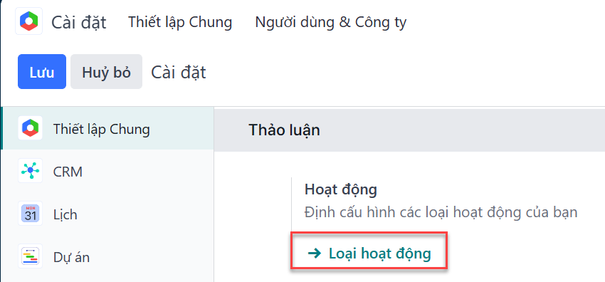 Hình ảnh của trang cài đặt nhấn mạnh menu loại hoạt động.