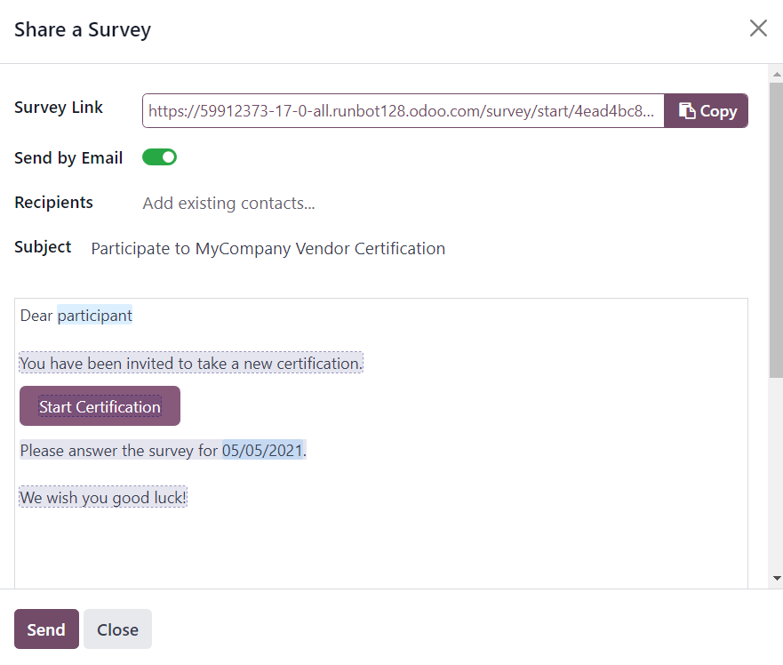 Cửa sổ bật lên 'Chia sẻ Khảo sát' trong LeanSoft Surveys với nút Gửi qua Email đã bật.