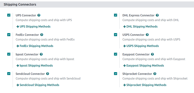 Options of available shipping connectors in LeanSoft.