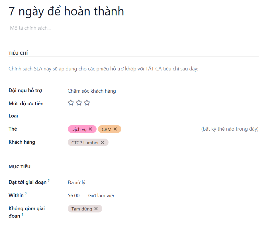 Xem một bản ghi chính sách SLA mới với tất cả thông tin liên quan được nhập.