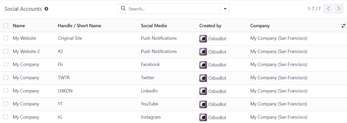 View of the social accounts page in the LeanSoft Social Marketing application.