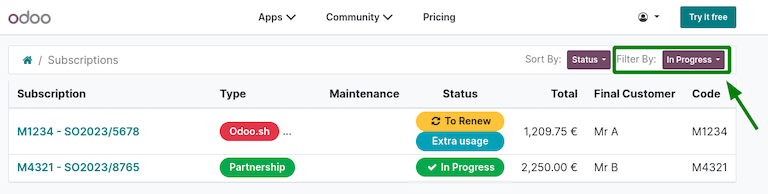 leansoft.vn portal subscriptions filtered by "in progress".