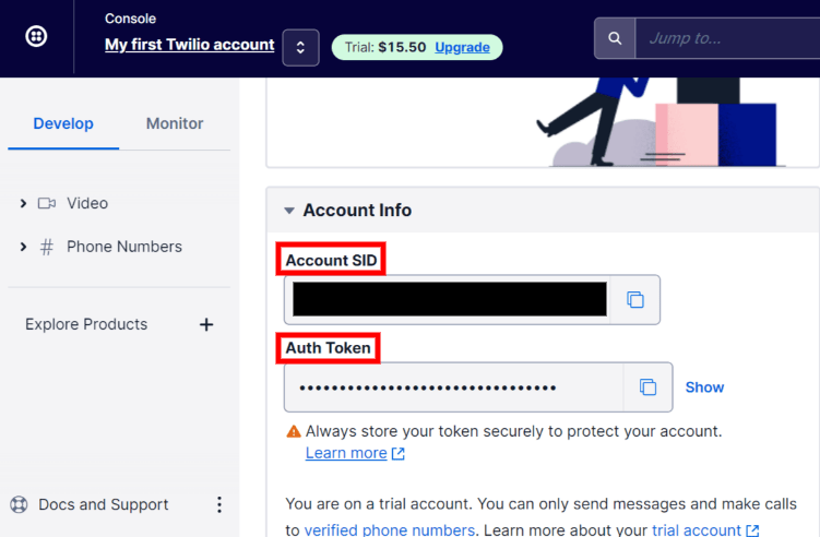 Account SID và Auth Token của Twilio có thể được tìm thấy trong phần Account Info.